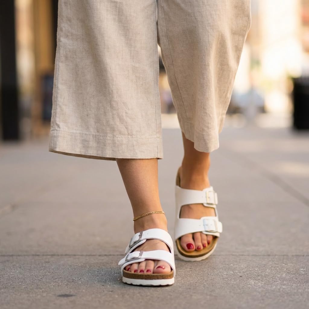 CUSHIONAIRE Lane Cork Footbed Sandal – Women's Double Buckle Slip-On, White