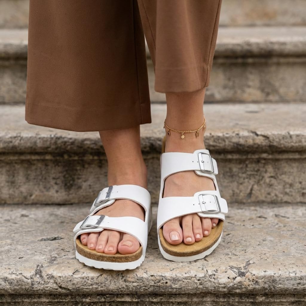 CUSHIONAIRE Lane Cork Footbed Sandal – Women's Double Buckle Slip-On, White