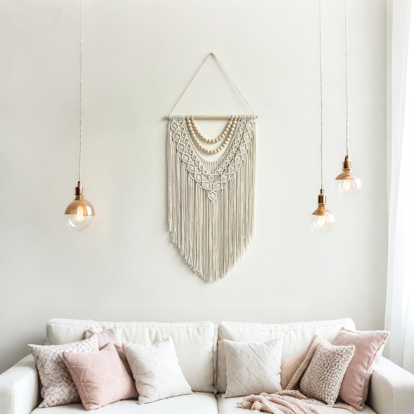 guzhiou Geometric Macrame Wall Hanging – 31.5" x 17", Wood Bead