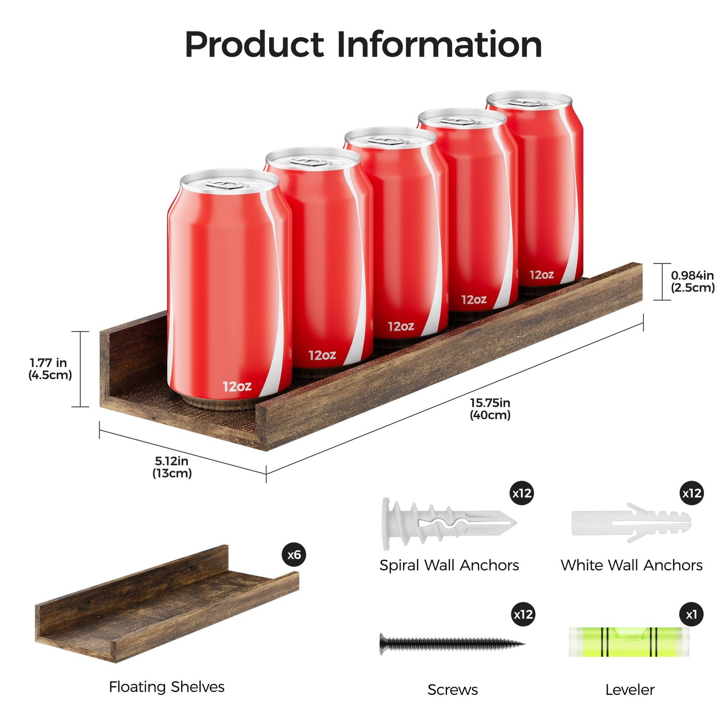 upsimples Wooden Floating Shelves – 6-Pack, Brown, Wall Mounted