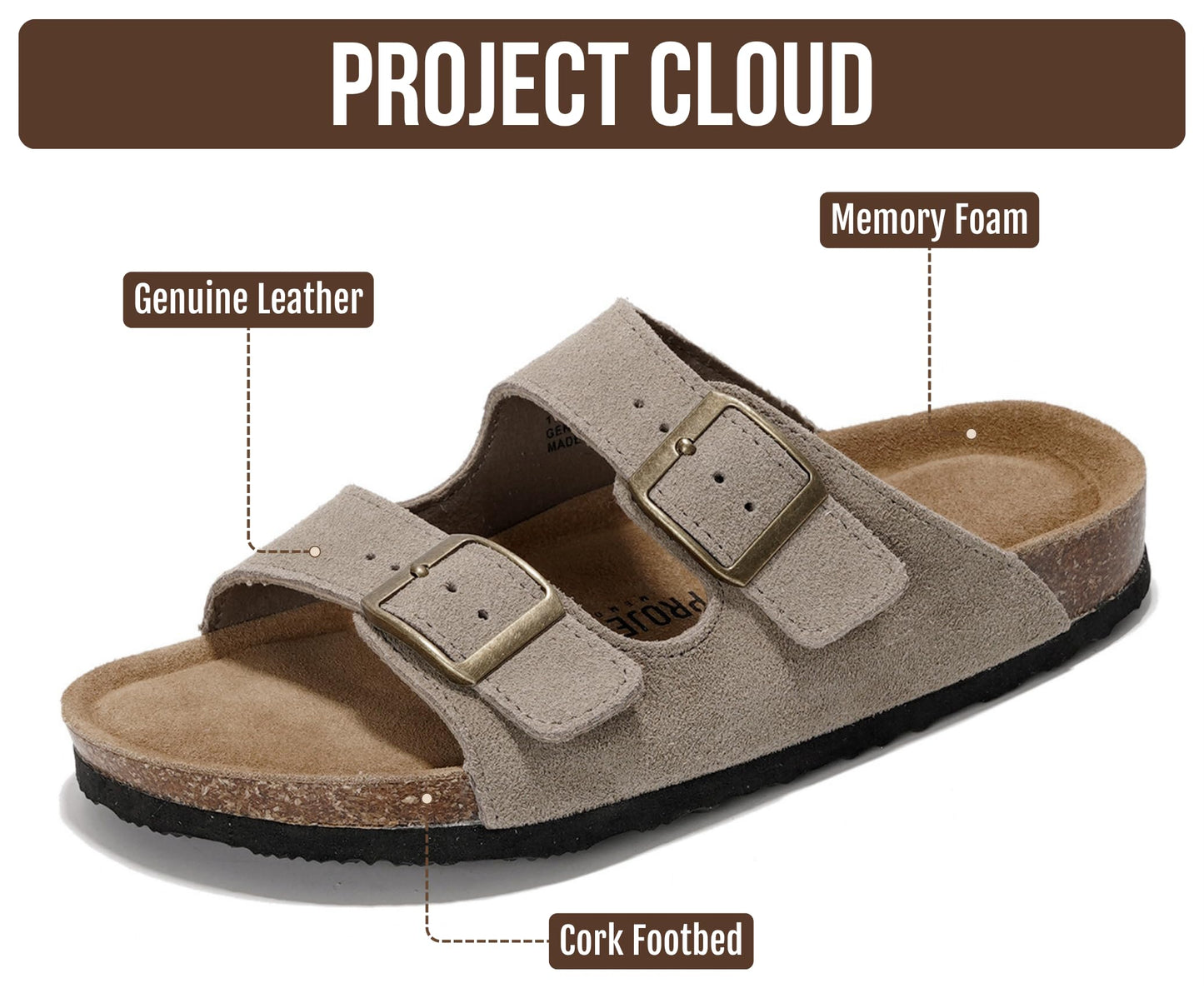 Project Cloud Women's Flat Leather Sandals – Cork Footbed with Memory Foam & Arch Support