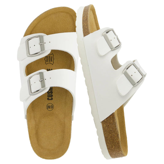 CUSHIONAIRE Lane Cork Footbed Sandal – Women's Double Buckle Slip-On, White