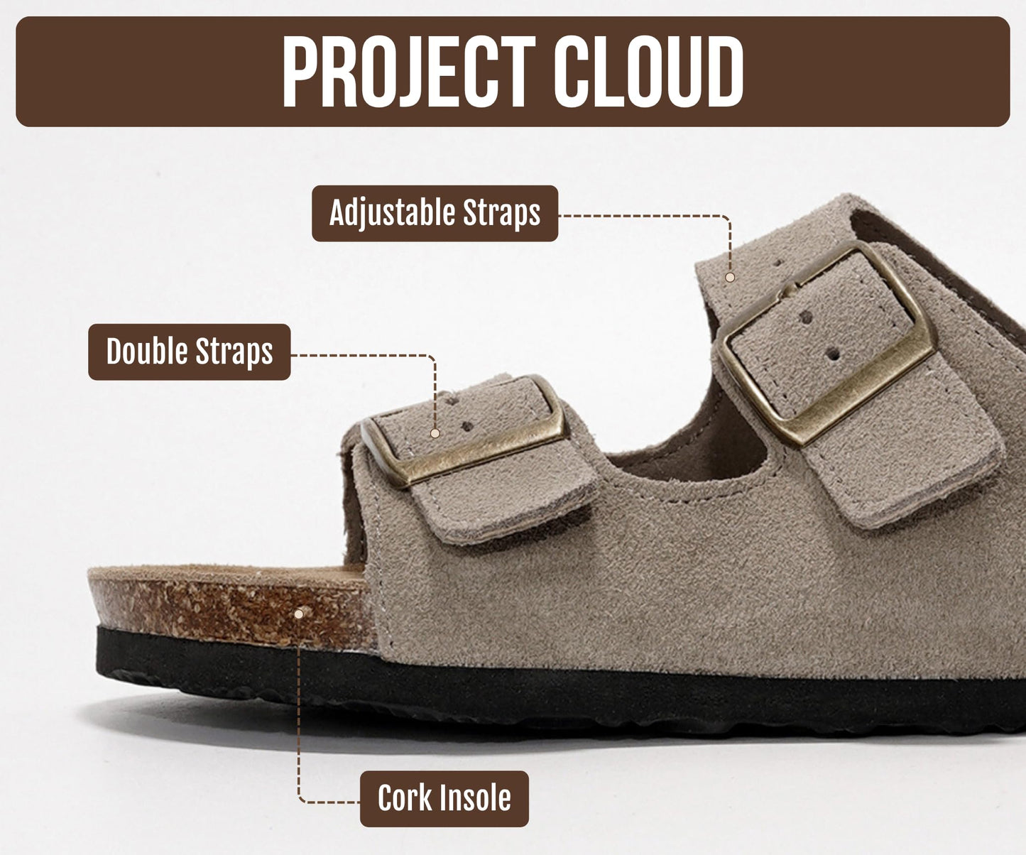 Project Cloud Women's Flat Leather Sandals – Cork Footbed with Memory Foam & Arch Support