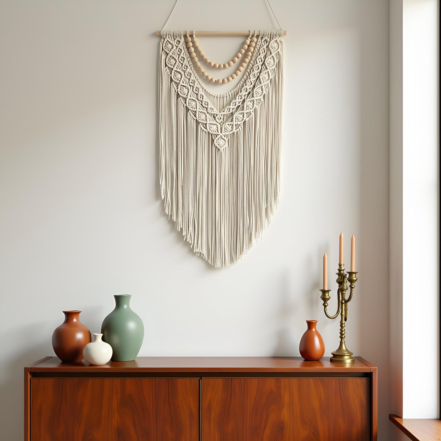 guzhiou Geometric Macrame Wall Hanging – 31.5" x 17", Wood Bead