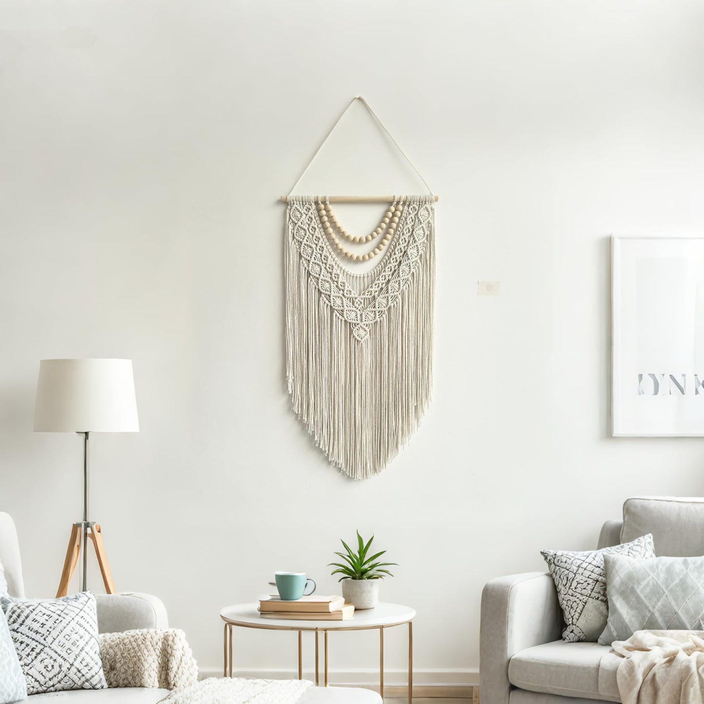 guzhiou Geometric Macrame Wall Hanging – 31.5" x 17", Wood Bead