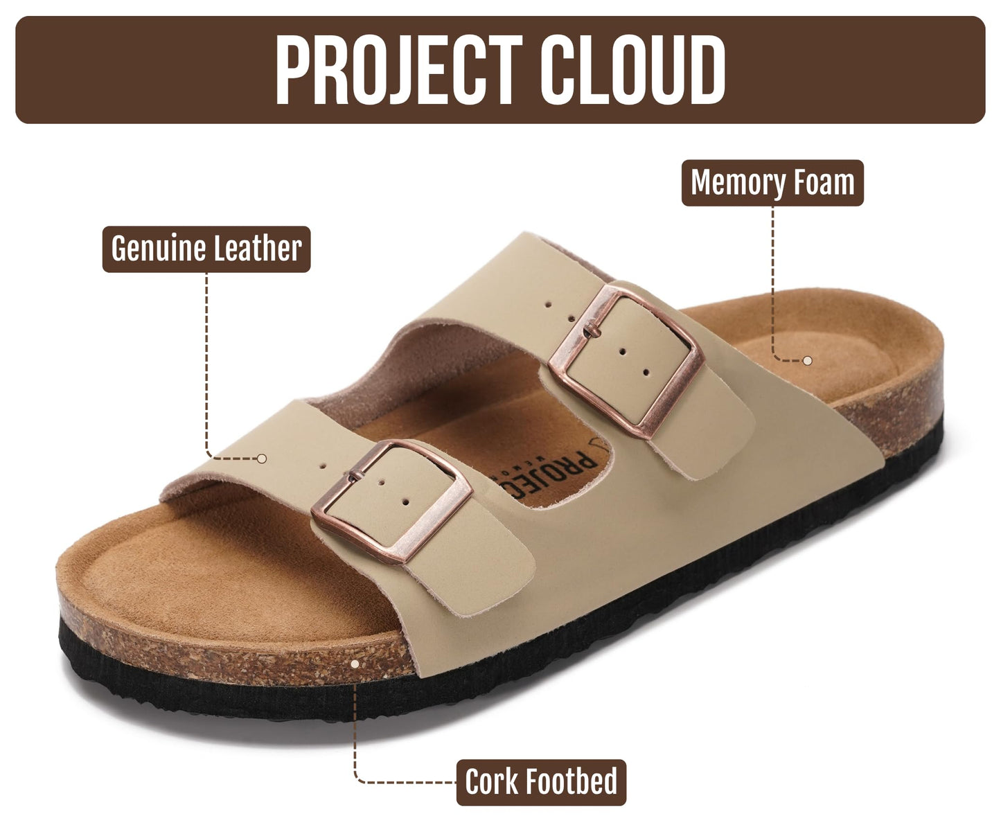 Project Cloud Venita Women's Slide Sandal – Genuine Leather, Memory Foam Cork Footbed, Beige