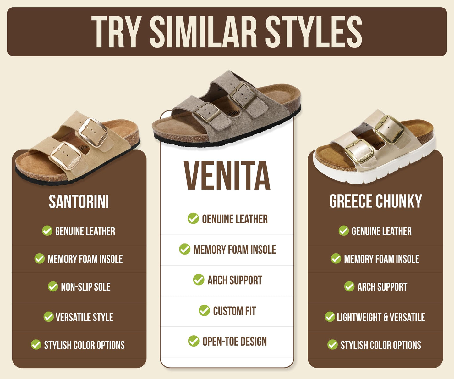 Project Cloud Women's Flat Leather Sandals – Cork Footbed with Memory Foam & Arch Support