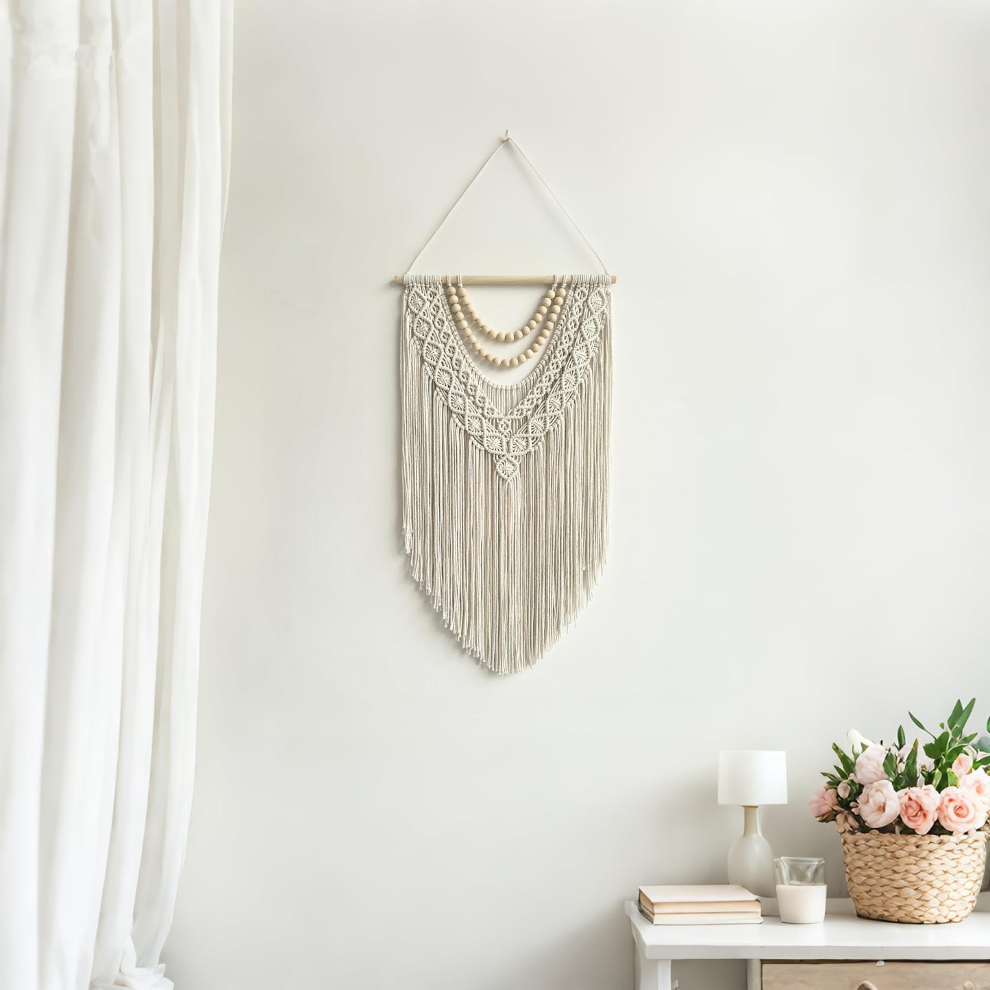 guzhiou Geometric Macrame Wall Hanging – 31.5" x 17", Wood Bead