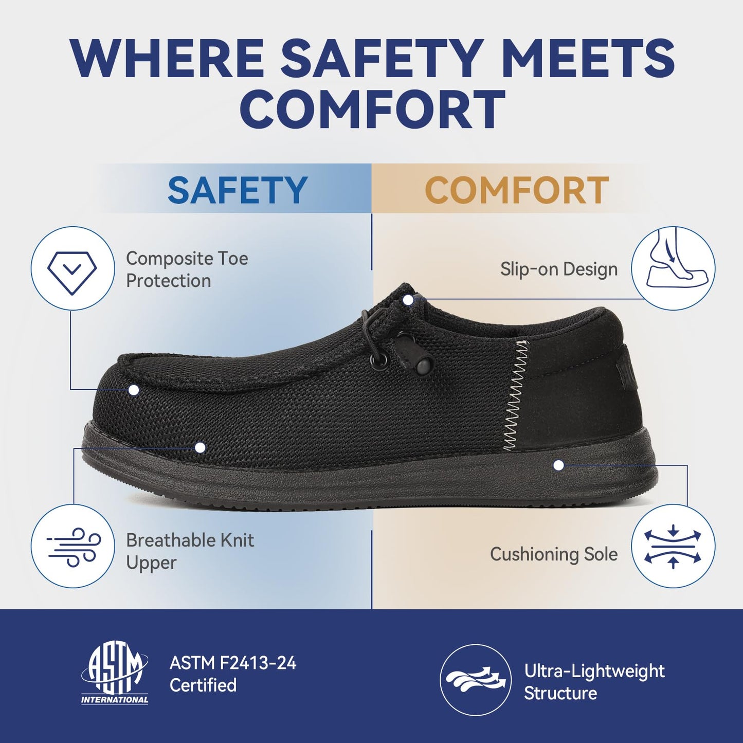 CATOE Steel Toe Slip-On Work Shoes – Men's Composite Safety Sneakers, All Black