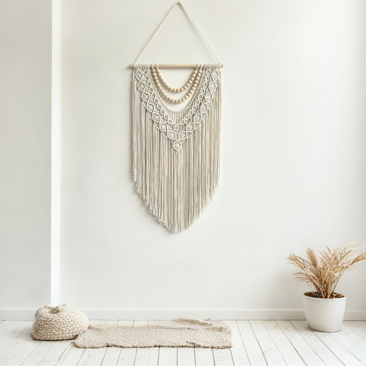 guzhiou Geometric Macrame Wall Hanging – 31.5" x 17", Wood Bead
