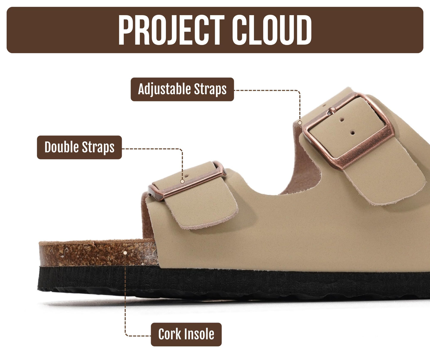Project Cloud Venita Women's Slide Sandal – Genuine Leather, Memory Foam Cork Footbed, Beige