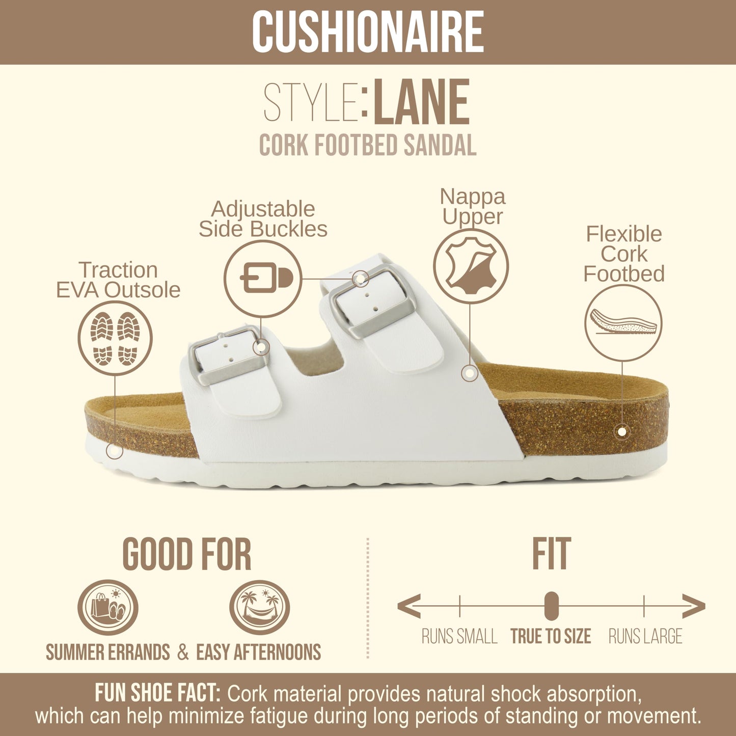 CUSHIONAIRE Lane Cork Footbed Sandal – Women's Double Buckle Slip-On, White