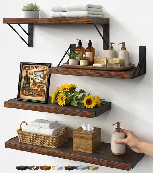 BAYKA Floating Wall Shelves – Set of 4, Rustic Brown & Black Brackets