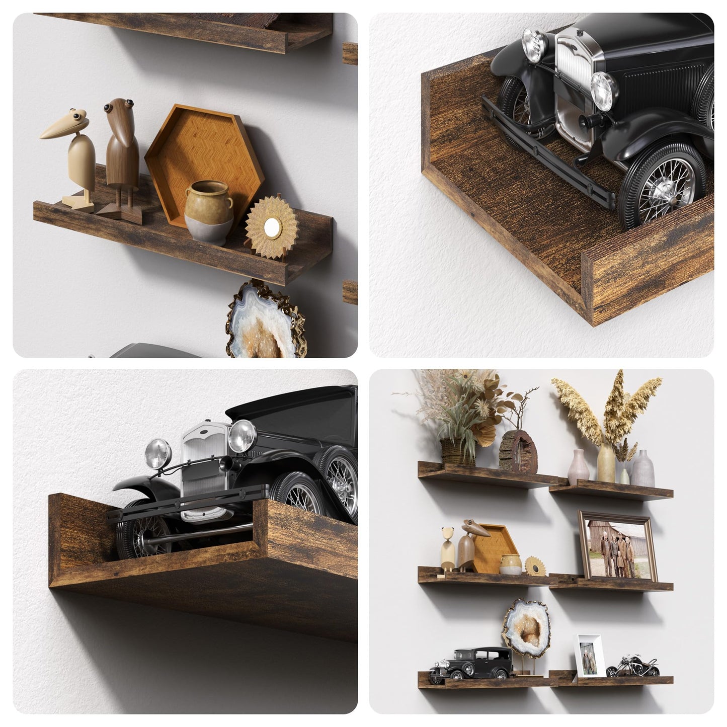 upsimples Wooden Floating Shelves – 6-Pack, Brown, Wall Mounted