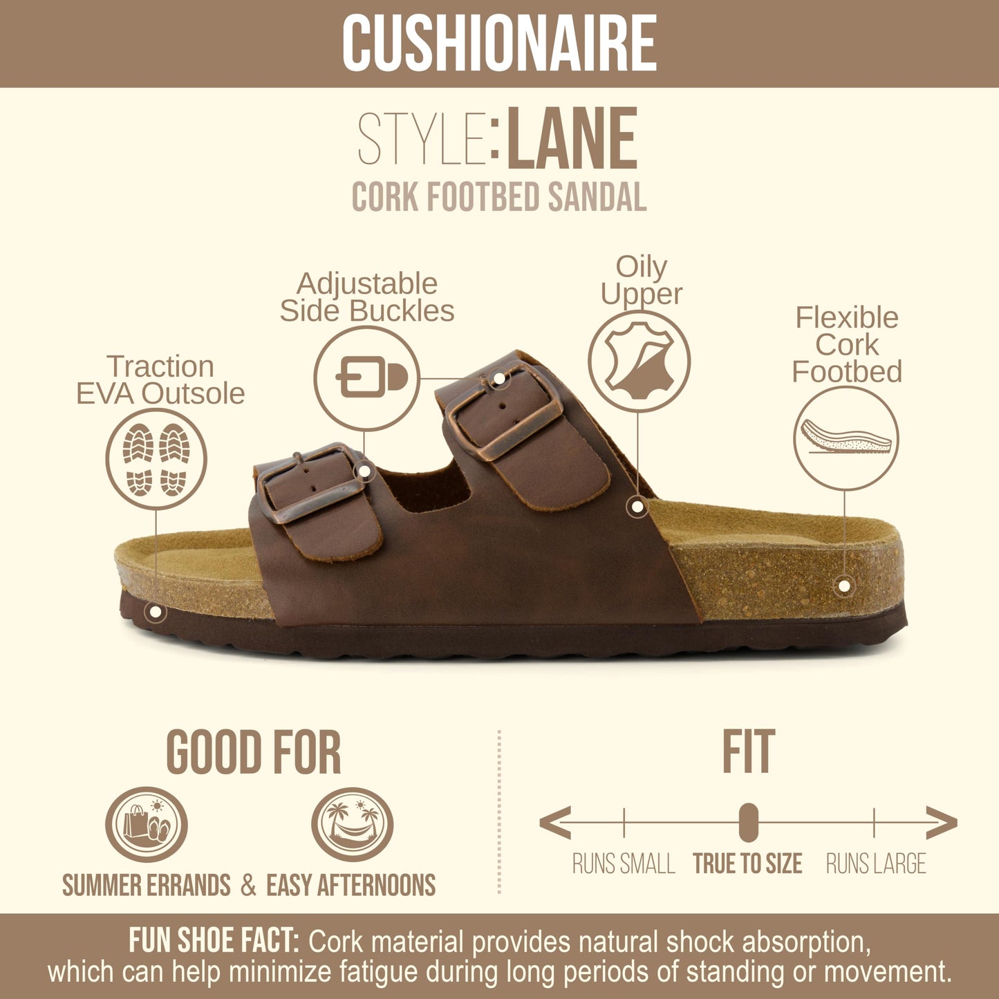 CUSHIONAIRE Lane Cork Footbed Sandal – Women's Double Buckle Slip-On, Brown