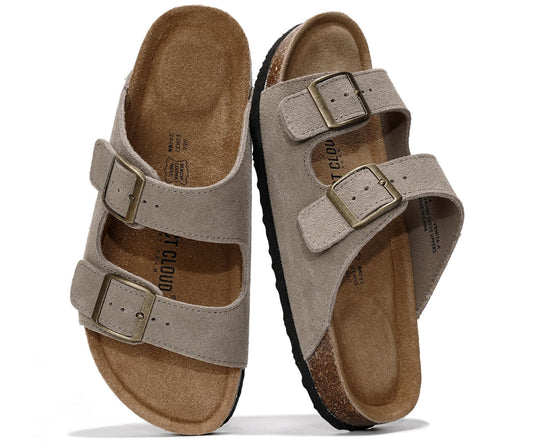Project Cloud Women's Flat Leather Sandals – Cork Footbed with Memory Foam & Arch Support