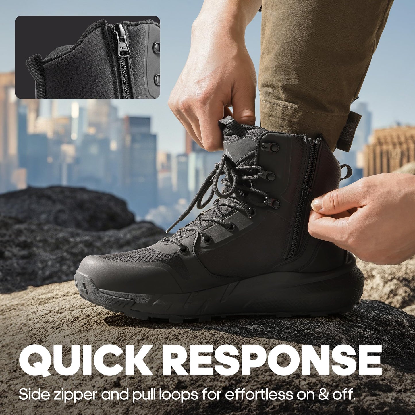 NORTIV 8 Men's Tactical Work Boot – Side Zip Combat Hiking Boot, Black
