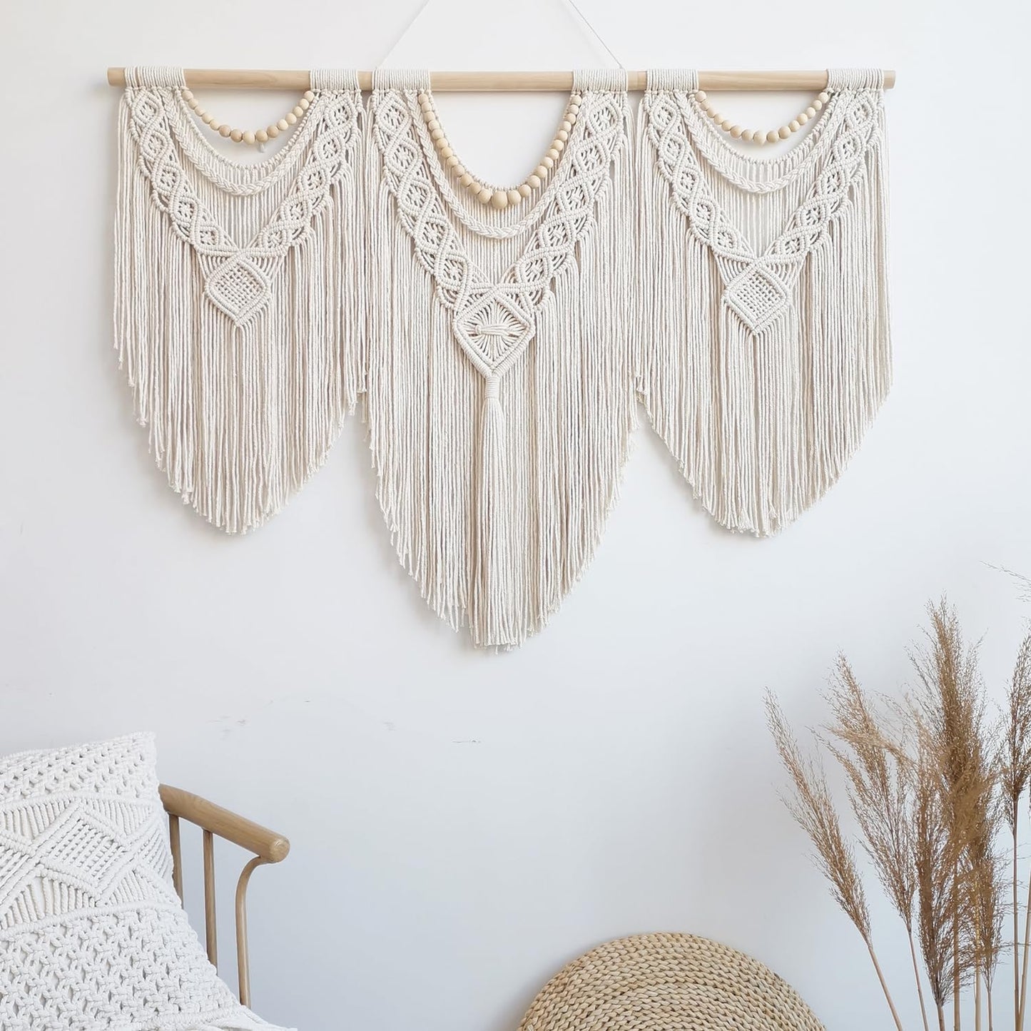 guzhiou Large Macrame Wall Hanging – 43" x 32", Wood Bead