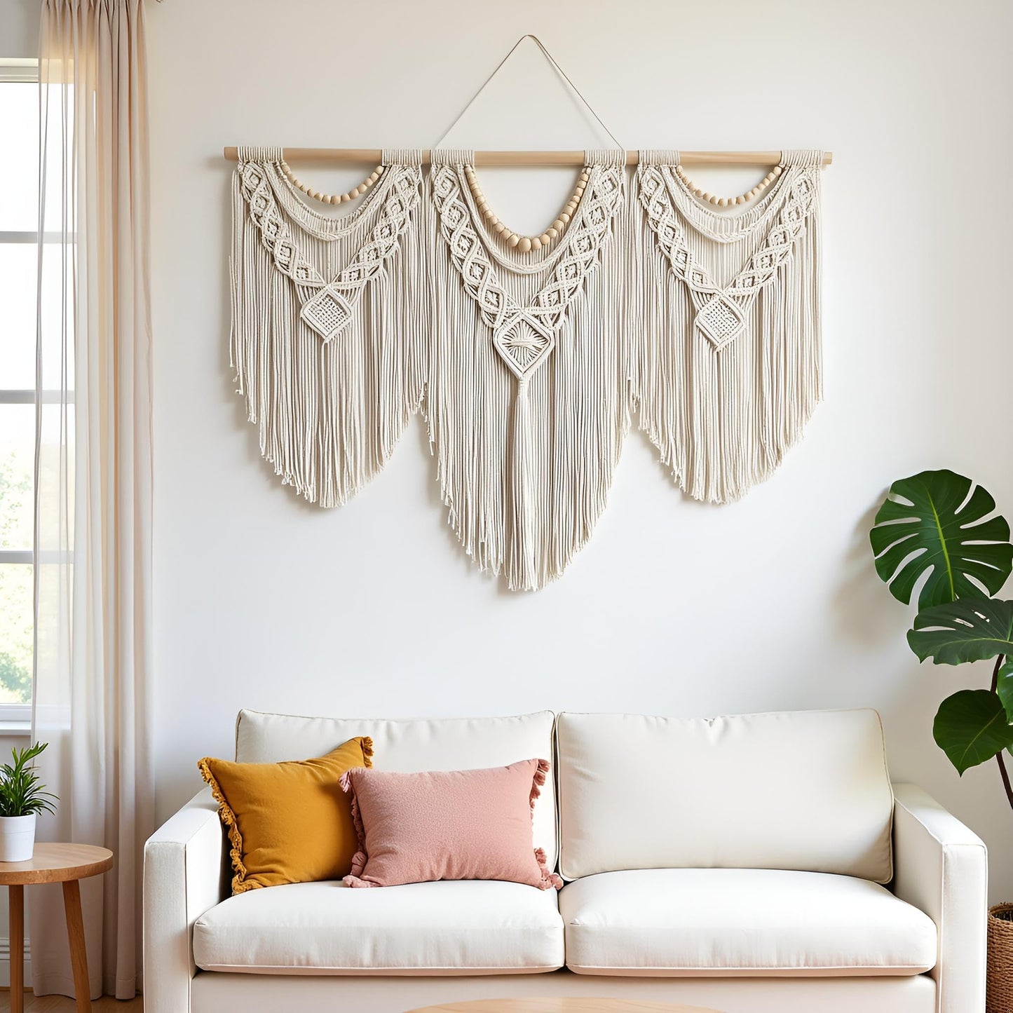 guzhiou Large Macrame Wall Hanging – 43" x 32", Wood Bead