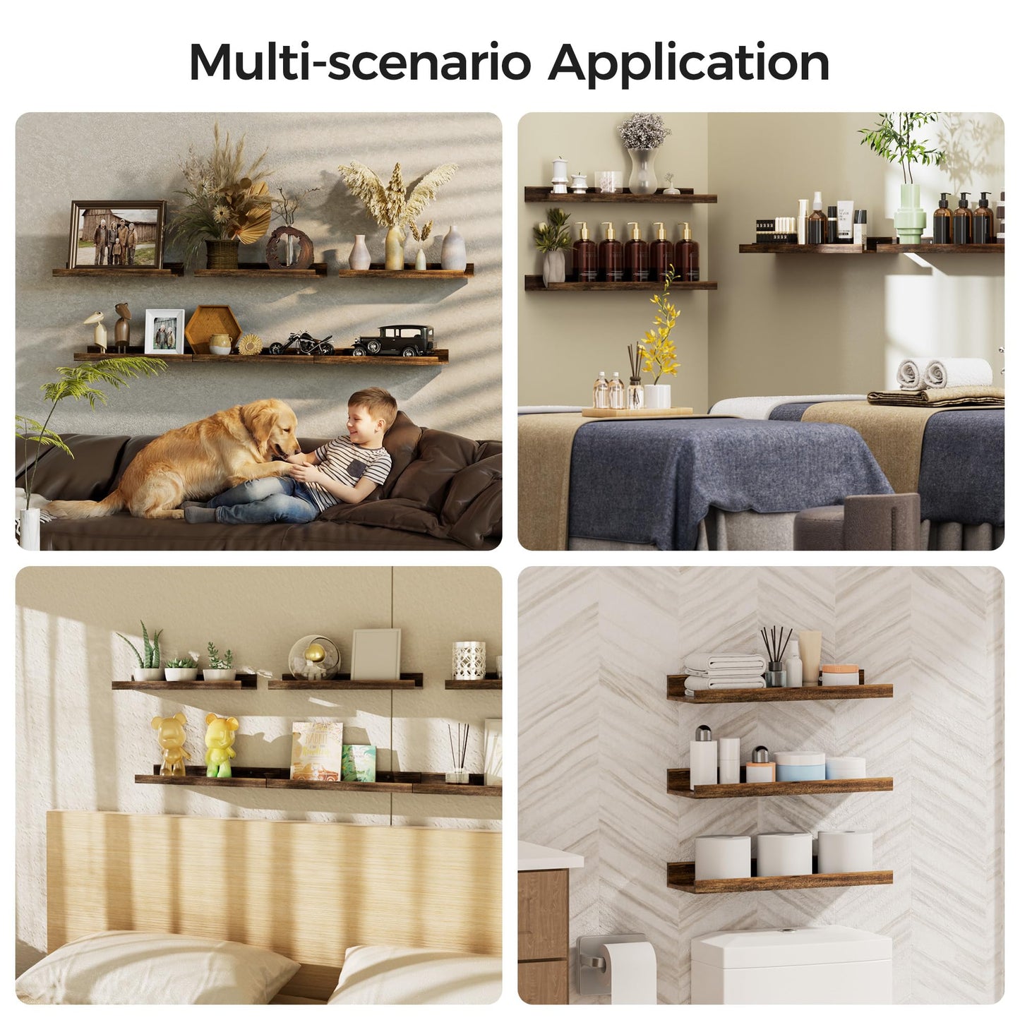 upsimples Wooden Floating Shelves – 6-Pack, Brown, Wall Mounted