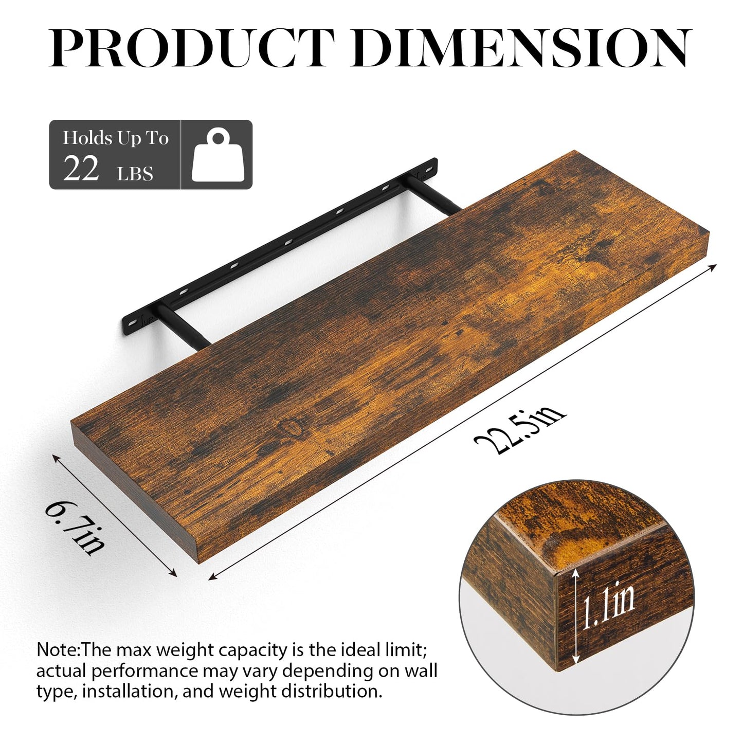 BAYKA Floating Wall Shelves – Set of 2, Rustic Brown, 22.5"