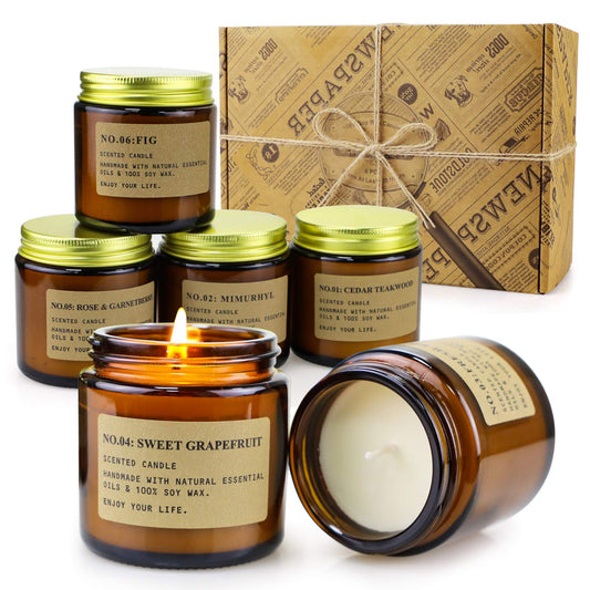 MOULENGGU Soy Wax Scented Candles Gift Set – 6 Pack, Amber Jars