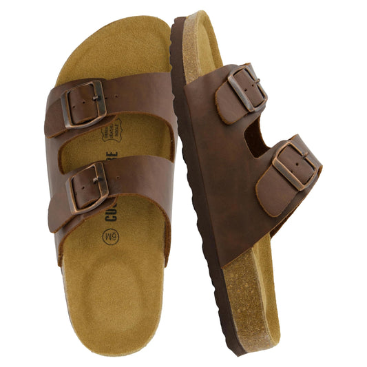 CUSHIONAIRE Lane Cork Footbed Sandal – Women's Double Buckle Slip-On, Brown