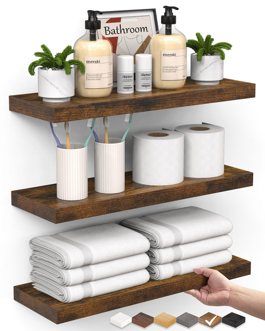 BAYKA Floating Wall Shelves – Set of 3, Rustic Brown, 15.7"